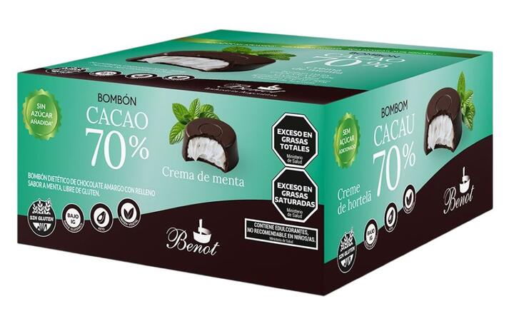 Bombón Cacao 70% con Crema de Menta x 15 gr x 24 unid = Benot