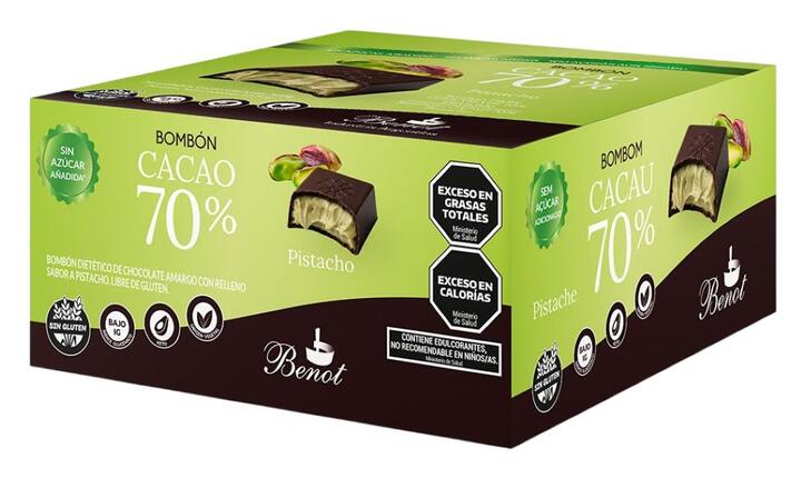 Bombón Cacao 70% con Pistacho x 15 gr x 24 unid = Benot