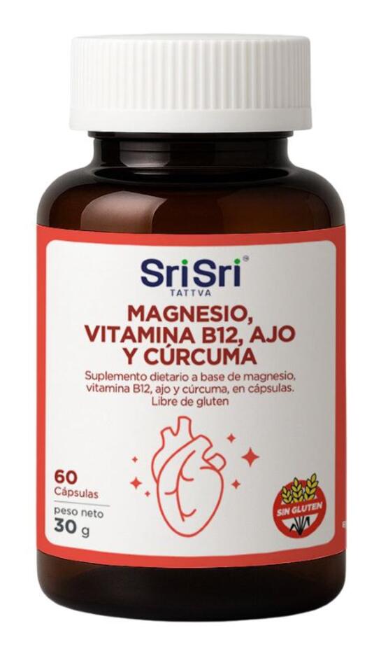 Magnesio, Vit B12, Ajo y Cúrcuma x 60 caps SriSri